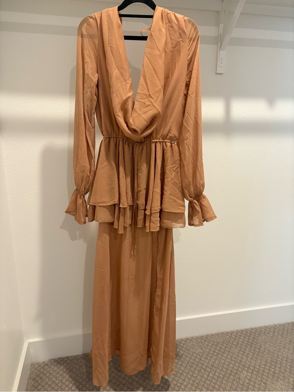 Missguided Long Sleeve Tiered Maxi Dress in Camel